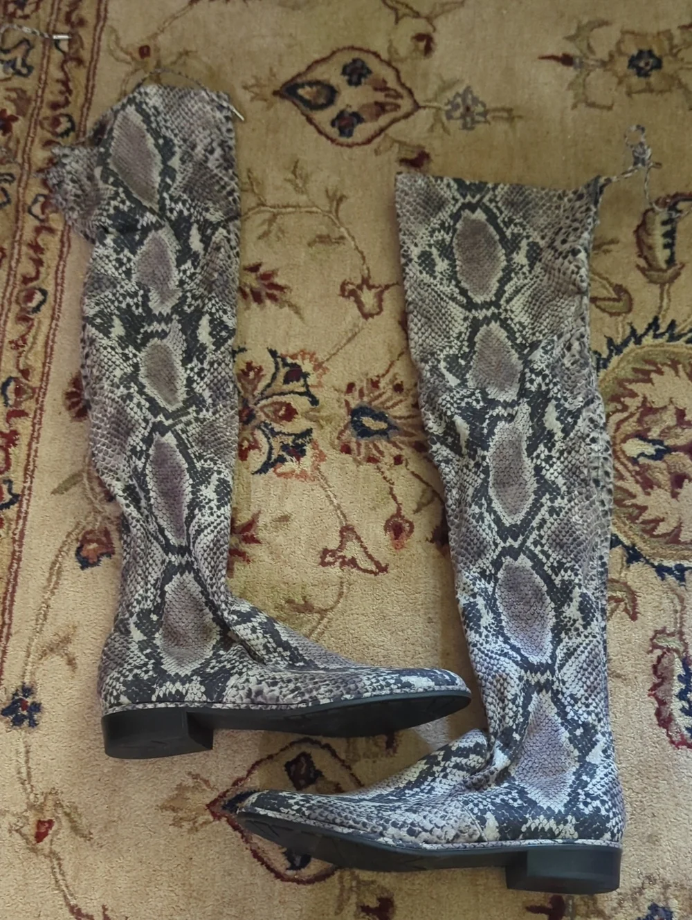 Marc Fisher Black and Beige Snake-Print Boots